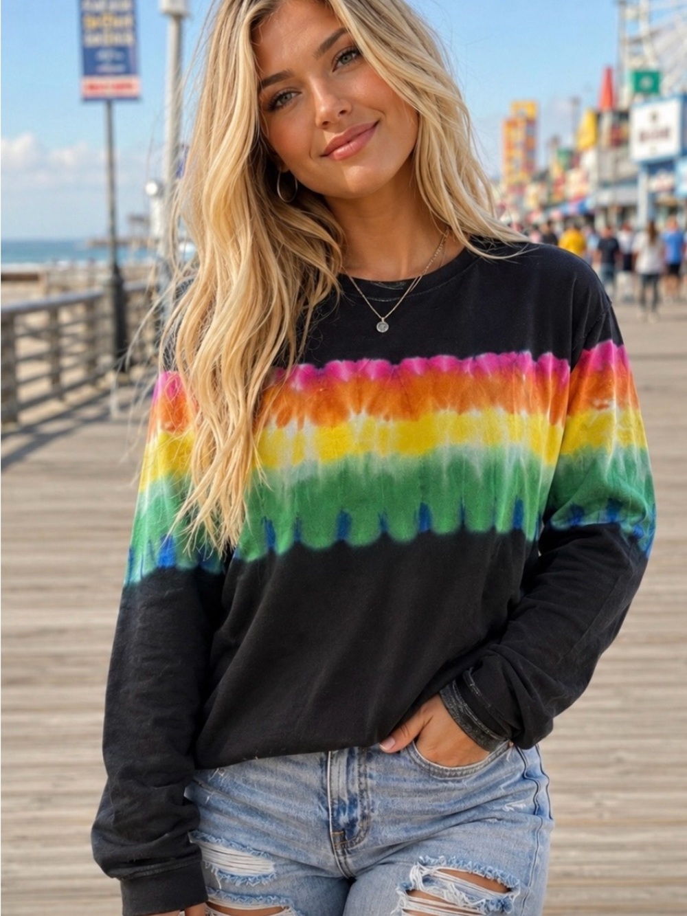 Peace Love World Black Long Sleeve Top with Rainbow Tie-Dye Stripe